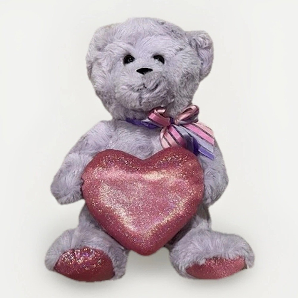 Burton + Burton‎ Purple Teddy Bear Plush Shiny Heart Pink Bow 10" Brown Eyes